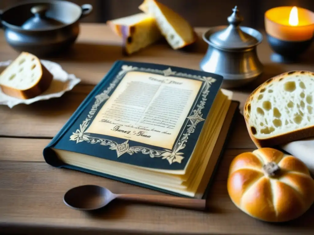 Antiguo recetario medieval: tradiciones culinarias monásticas Detalles históricos de recetas monásticas en un antiguo libro de cocina en una mesa de madera