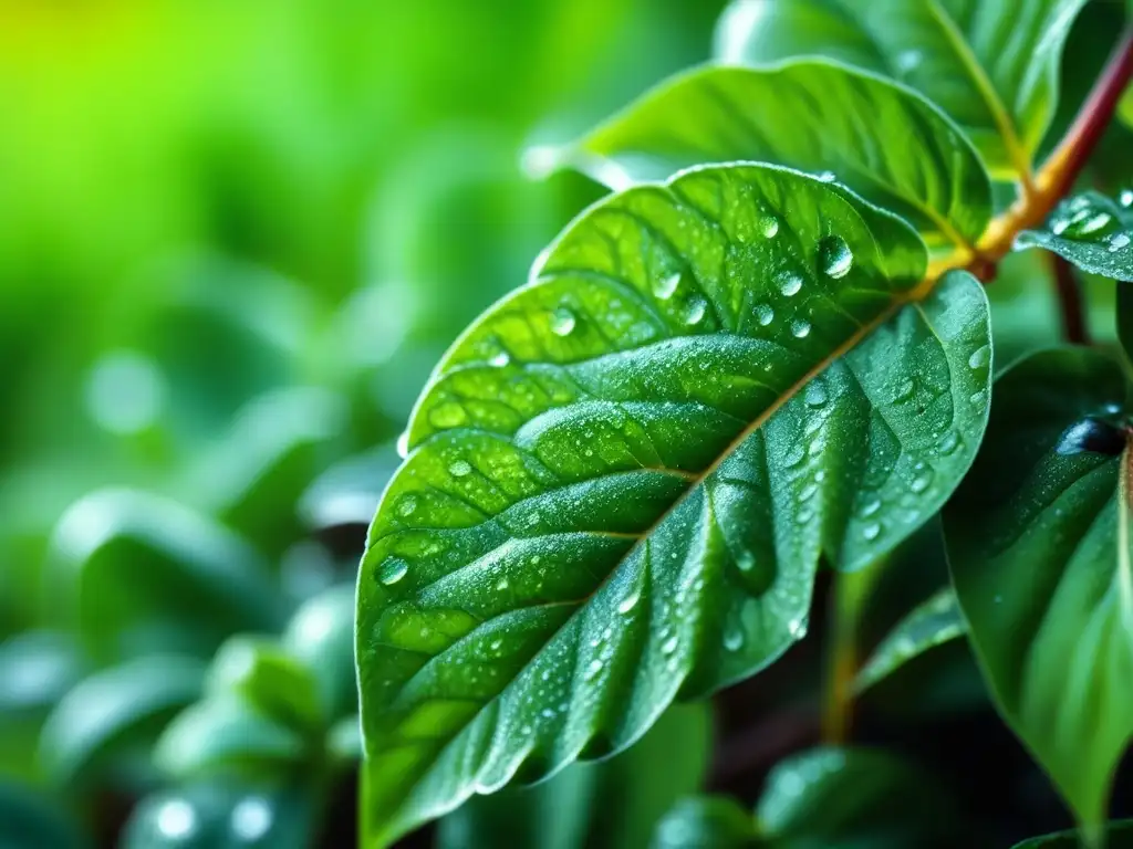 Detalles de hoja de albahaca verde con gotas de rocío, reflejando el jardín