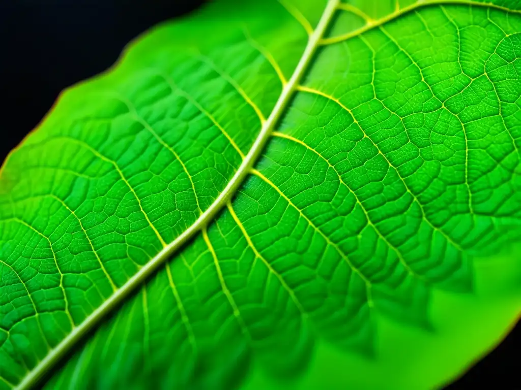 Detalles de una hoja de tabaco con texturas verdes vibrantes y venas delicadas, bajo una iluminación suave