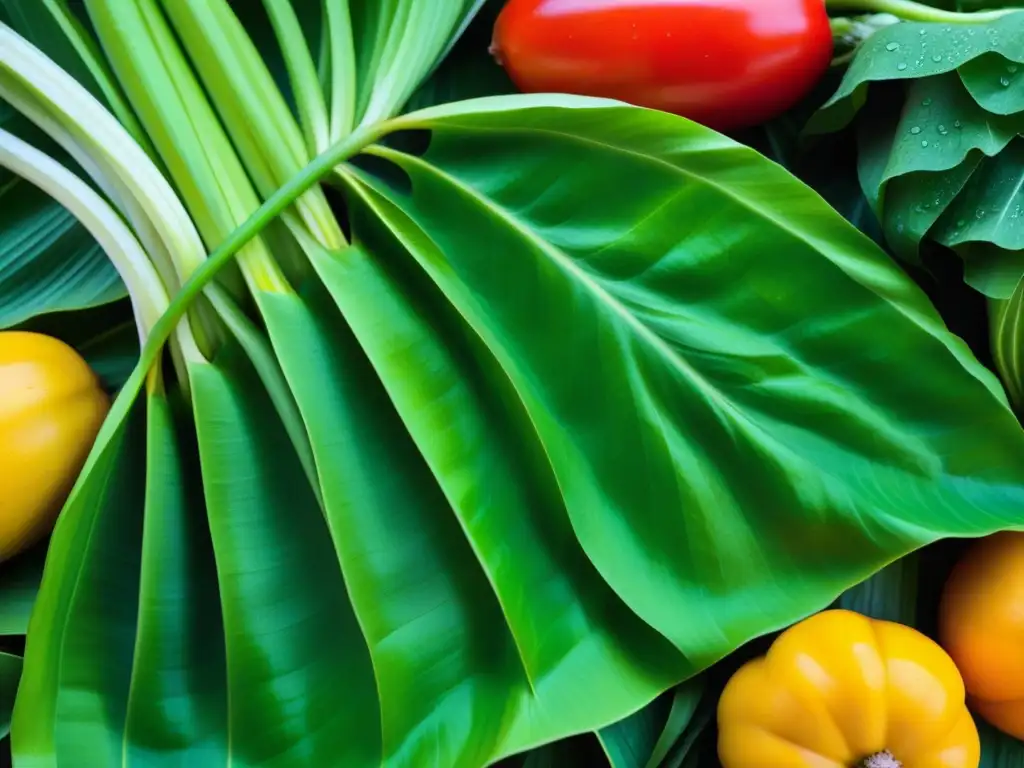 Detalles de hoja verde envolviendo vegetales frescos, uso hojas conservar alimentos historia