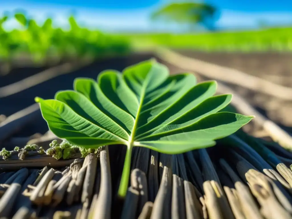 Detalles de una hoja de moringa verde vibrante en una granja sostenible, resaltando su belleza natural