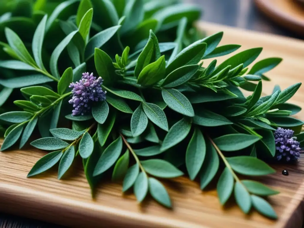 Detalles de hojas de laurel y tomillo en tabla rústica, conservación alimentos medievales laurel tomillo