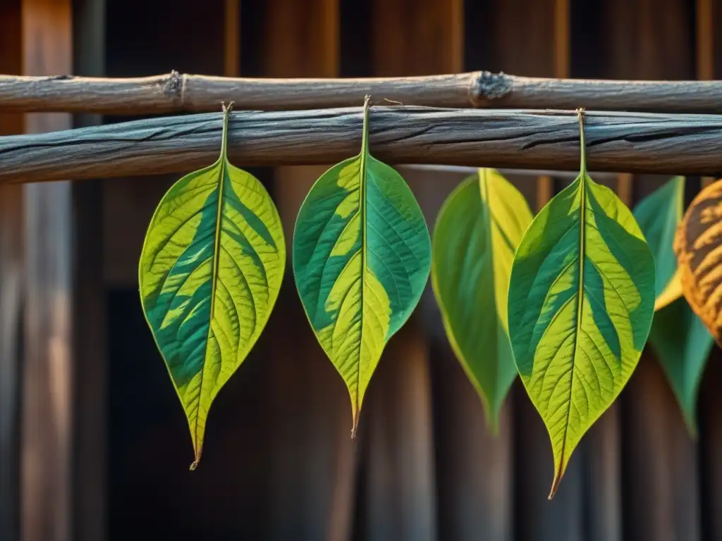 Detalles de hojas de tabaco secándose en un granero de madera, iluminadas por cálida luz solar