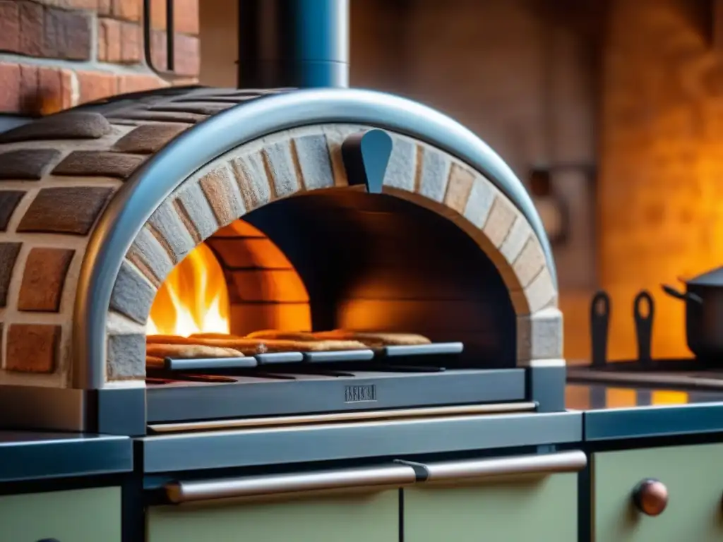 Detalles del horno de leña medieval integrado en una cocina moderna, con ambiente acogedor y contrastes visuales