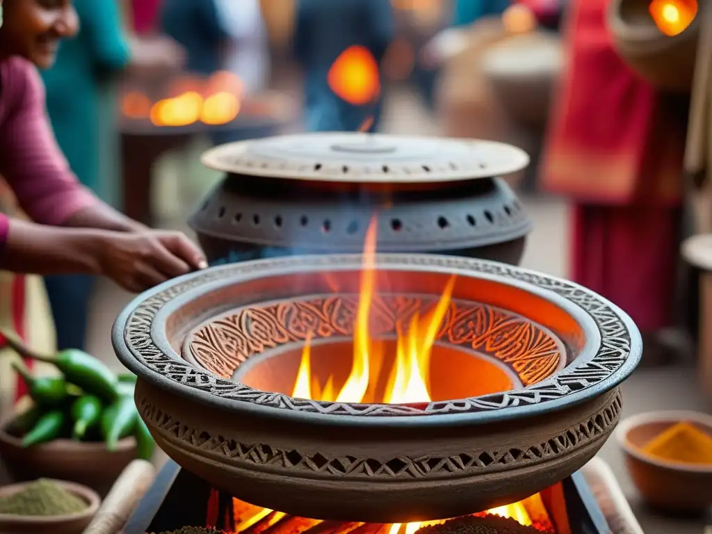 Detalles del horno tandoor con especias y fuego, en un mercado indio