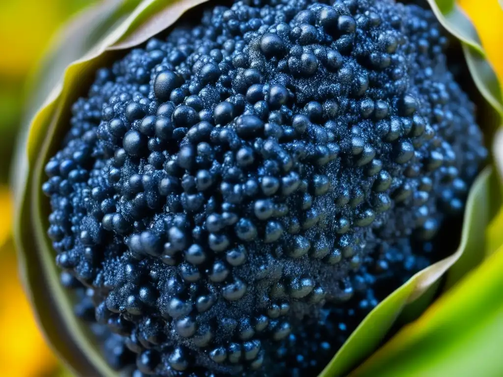 Detalles del huitlacoche: hongo fresco de color azul negro con finas esporas y gotas de rocío