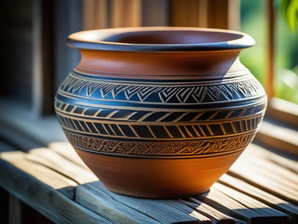 Detalles impactantes de una olla de barro antigua en una mesa de madera envejecida, con luz natural resaltando su artesanía