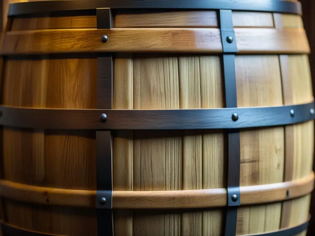 Detalles impresionantes de un barril de madera usado en fermentación en recetas históricas culinarias, con matices de moho y colores ricos