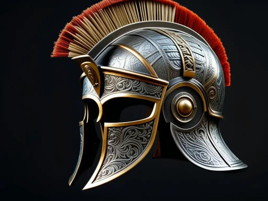 Detalles impresionantes de un casco de gladiador romano, con grabados y cicatrices de batalla que narran su historia