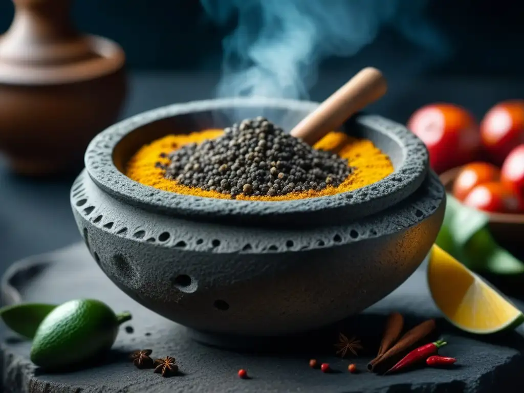 Detalles impresionantes de un molcajete mexicano, símbolo de recetas históricas mexicanas del Grito