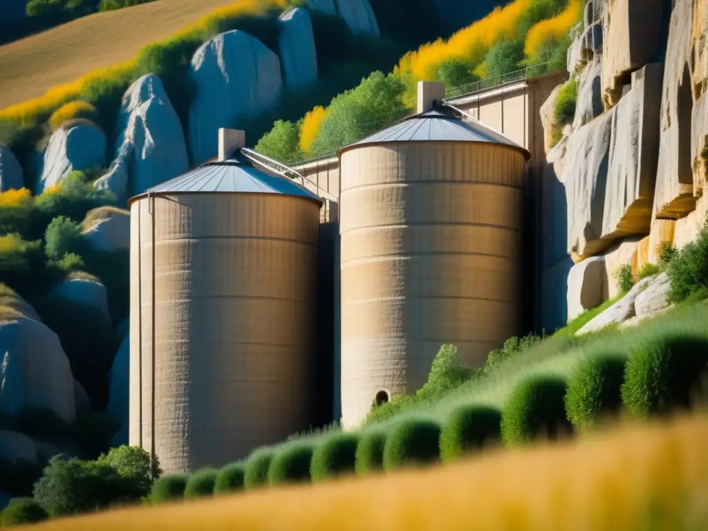 Detalles impresionantes de silos de granos antiguos esculpidos en un acantilado rocoso