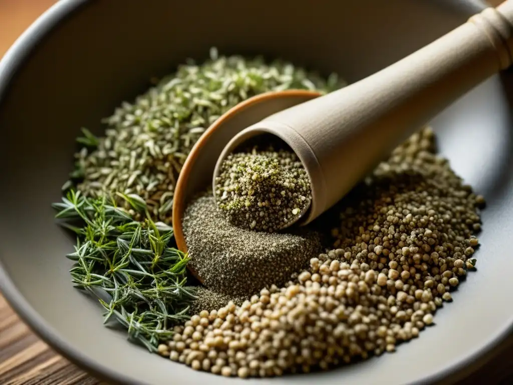 Detalles increíbles del za'atar: mezcla de thyme, sumac, sésamo y sal en mortero