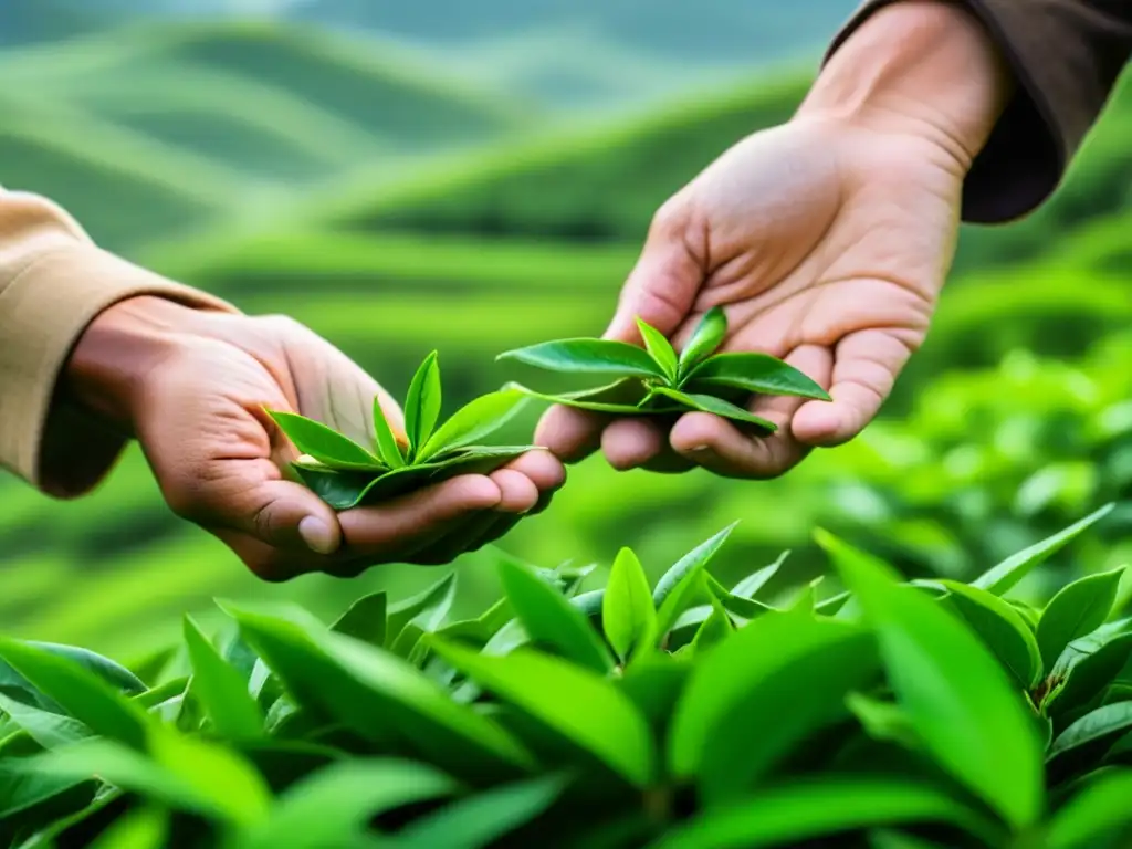 Detalles de la producción de té en la era industrial: manos expertas cosechando hojas de té en una plantación exuberante