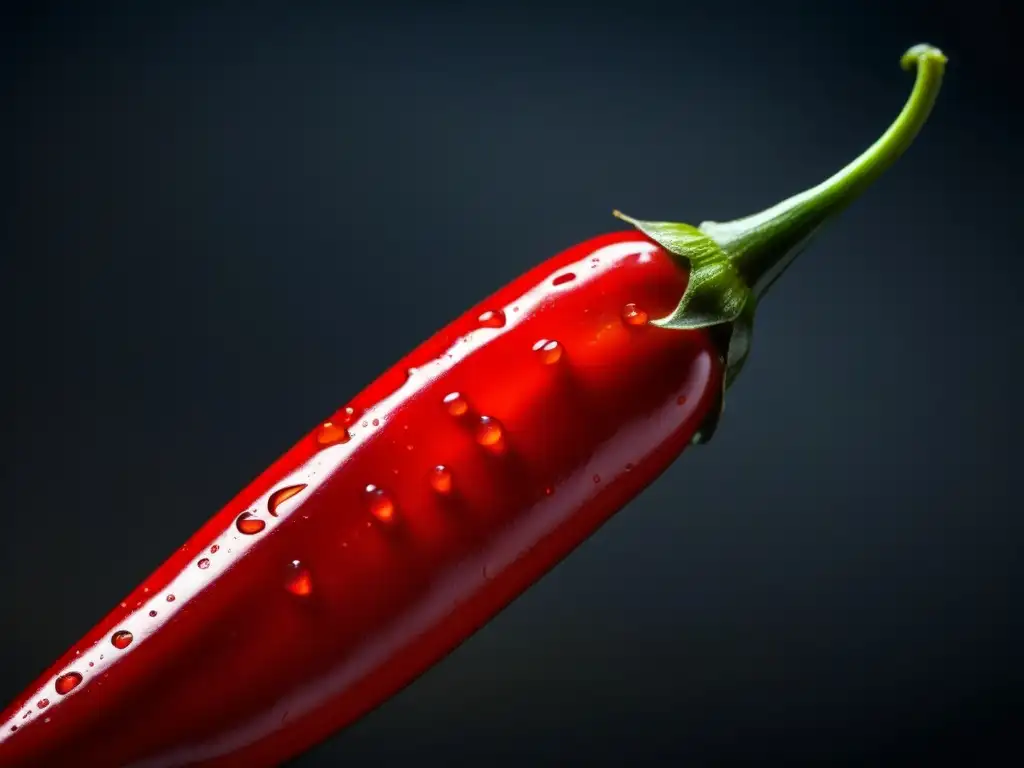 Detalles intensos de un chile rojo brillante, evocando la historia culinaria de alimentos históricos conquistador Nuevo Mundo