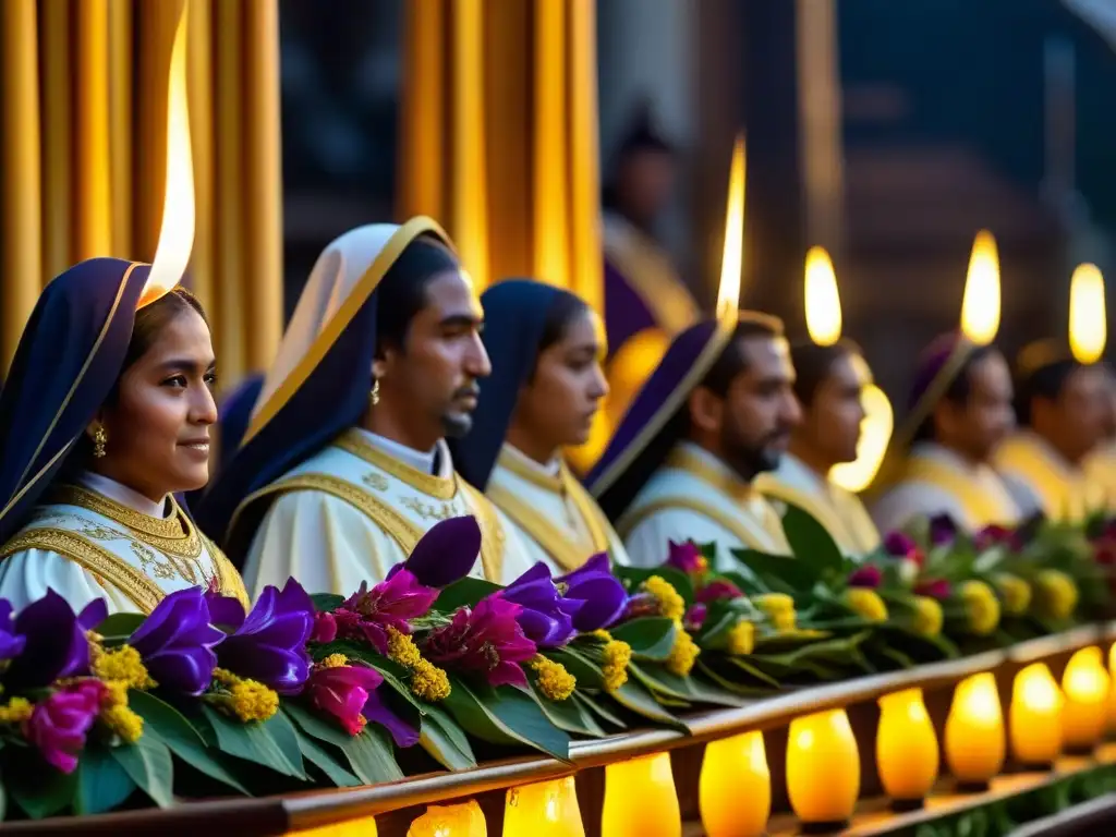 Detalles impresionantes de un paso de Semana Santa Detalles intrincados de una carroza de Semana Santa, destacando tallas ornamentadas, colores vibrantes y luz de velas que iluminan figuras religiosas
