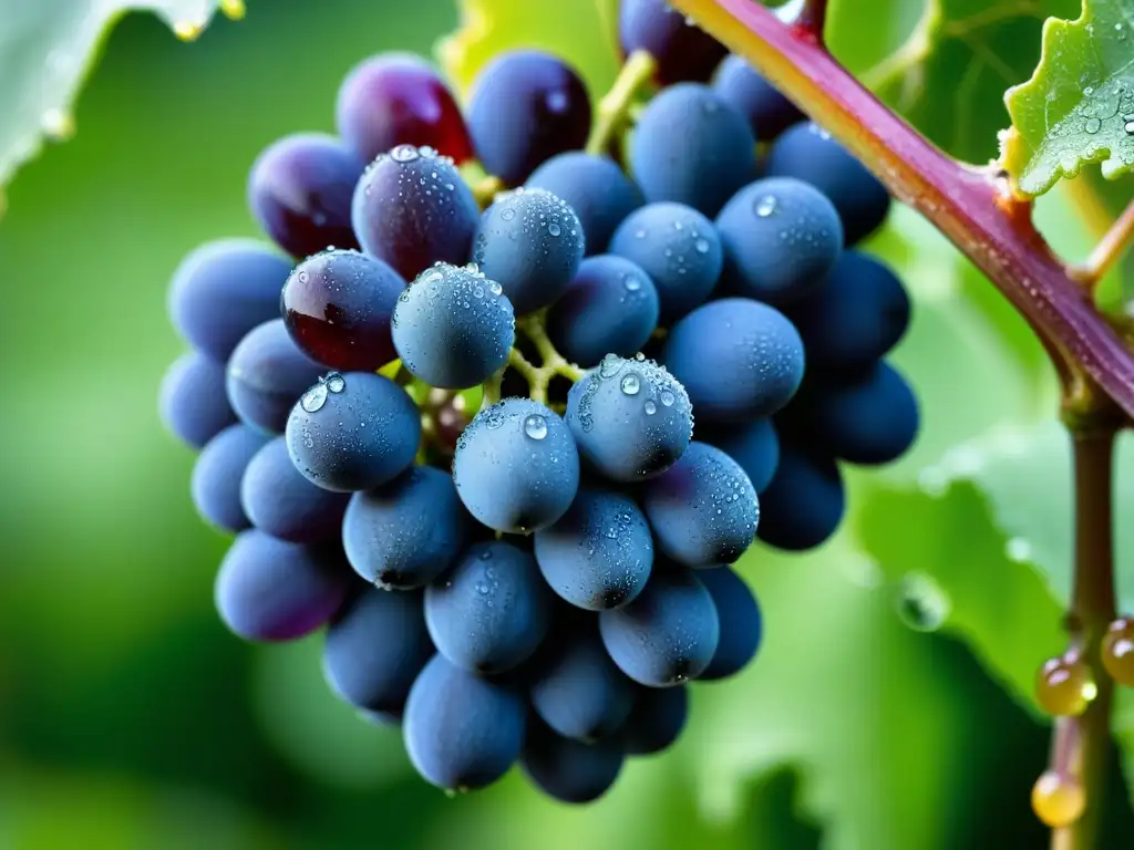 Detalles intrincados de uvas en la vid con gotas de rocío y tela de araña, esencia de vinos naturales fermentación técnicas antiguas