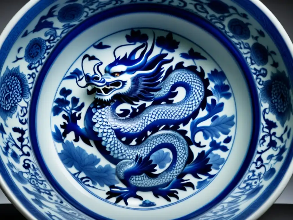 Detalle exquisito: cuenco de porcelana Ming con dragones y fénix Detalles intrincados de una vajilla de porcelana Ming, con dragones y fénix en azul y blanco, reflejando historia y elegancia