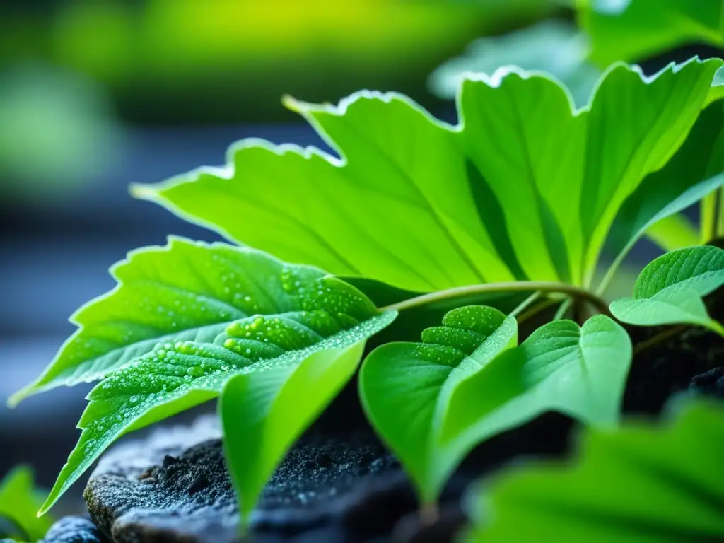 Detalles del wasabi en jardín japonés: hojas verdes con gotas de agua bajo el sol, historia del wasabi fuera Japón