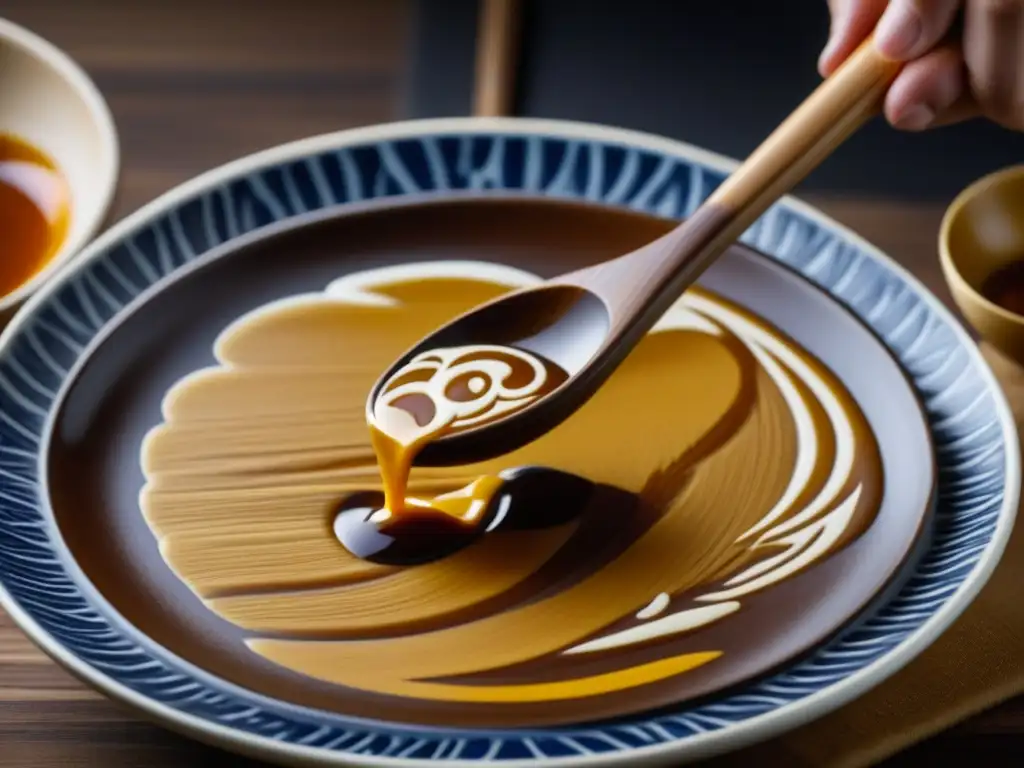 Detalles de la fermentación japonesa: miso untado con cuidado en una placa de cerámica artesanal, resaltando su textura y color umami