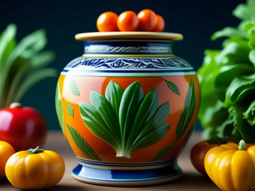 Detalles de jarra cerámica antigua llena de frutas y verduras conservadas, mostrando patrones y texturas intrincados, colores vibrantes y frescura