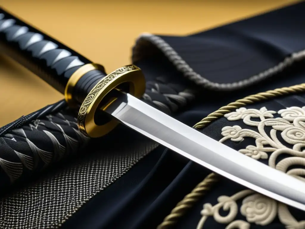 Detalles de una katana japonesa: patrones ondulados en la hoja y empuñadura de tela