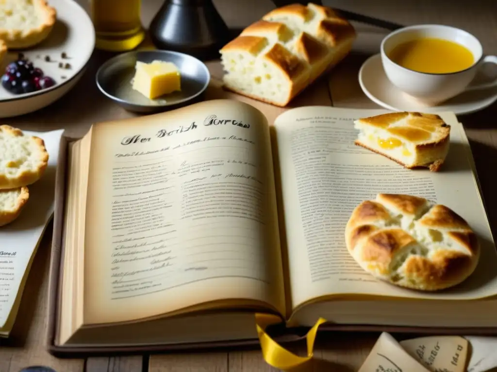 Detalles de un libro de recetas británico vintage con anotaciones manuscritas y salpicaduras de ingredientes, resaltando una receta de scones