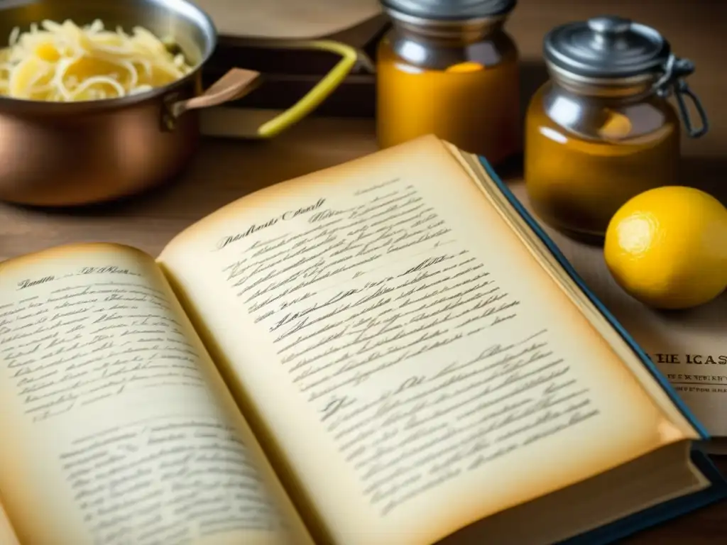 Receta tradicional en libro vintage: historia culinaria detallada Detalles de un libro de recetas históricas con páginas envejecidas, notas manuscritas y una receta tradicional