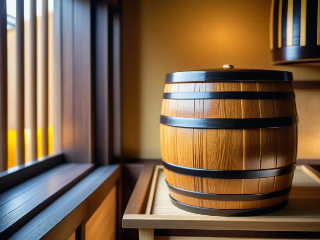 Detalles en madera de barril de miso rodeado de tarros cerámicos llenos de pasta de miso, resaltando el origen y usos del miso en la cocina japonesa