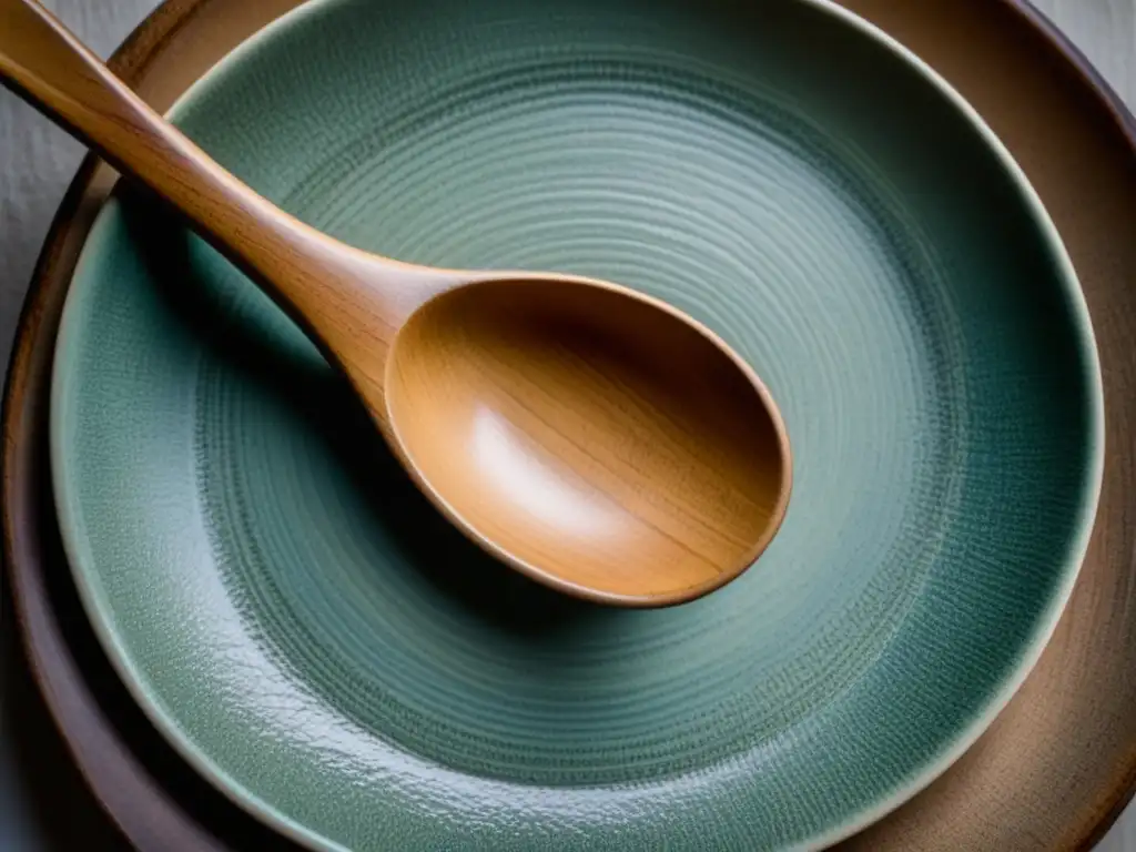 Arte en la imperfección: cuchara de madera en plato de cerámica Detalles en madera y cerámica: Estética WabiSabi en la Cocina