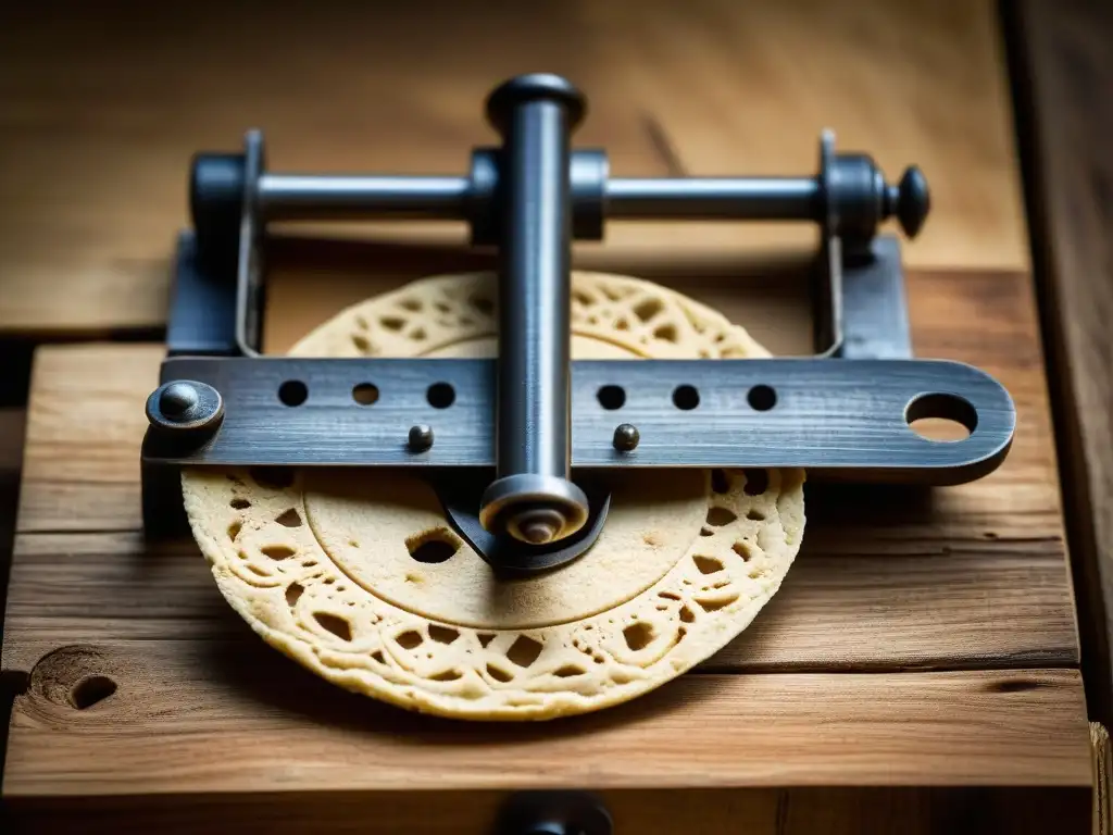 Detalles en madera y metal de una prensa de tortillas, con restos de masa