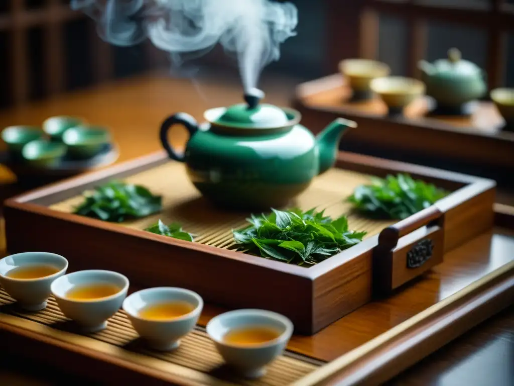 Detalles mágicos de té histórico: hojas desplegándose en la tetera de vidrio, tazas delicadas en una bandeja de madera