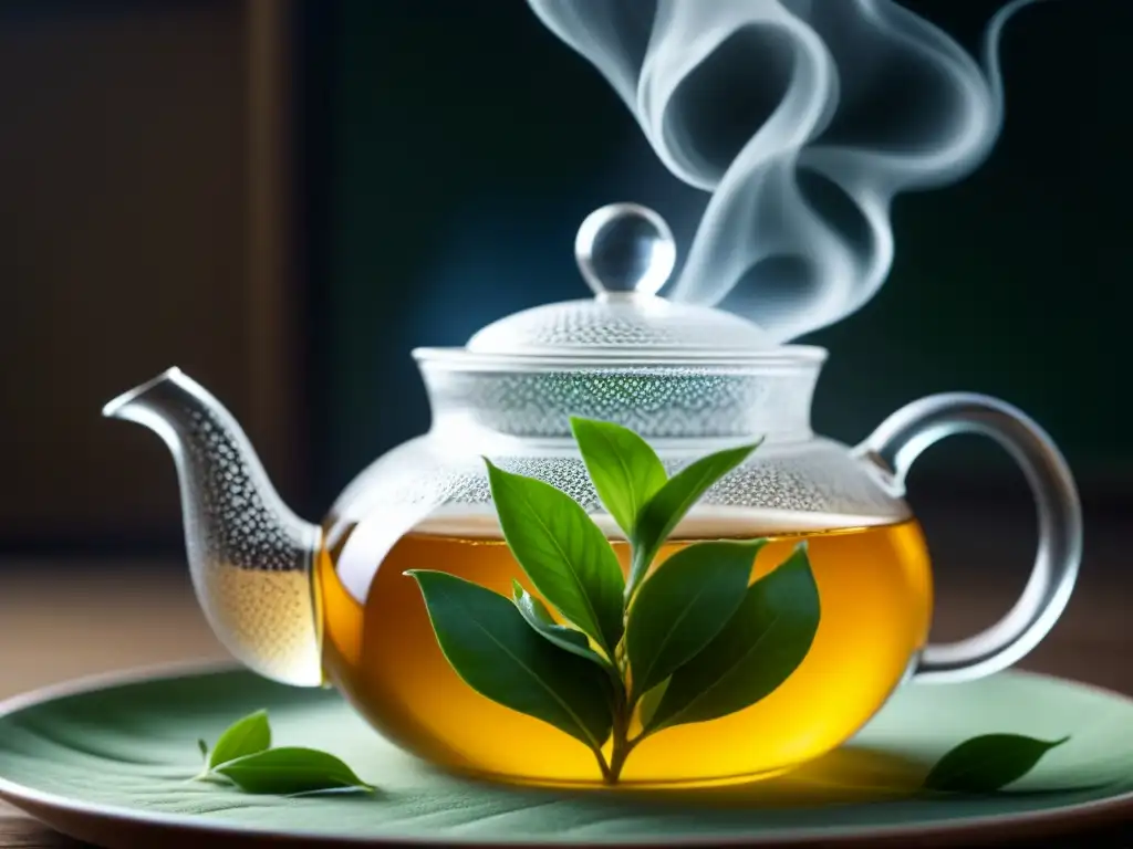 Delicadas hojas de té desplegándose en agua caliente: un ritual ancestral Detalles mágicos de hojas de té desplegándose en agua caliente, creando una atmósfera etérea que resalta la Historia del té a través del tiempo