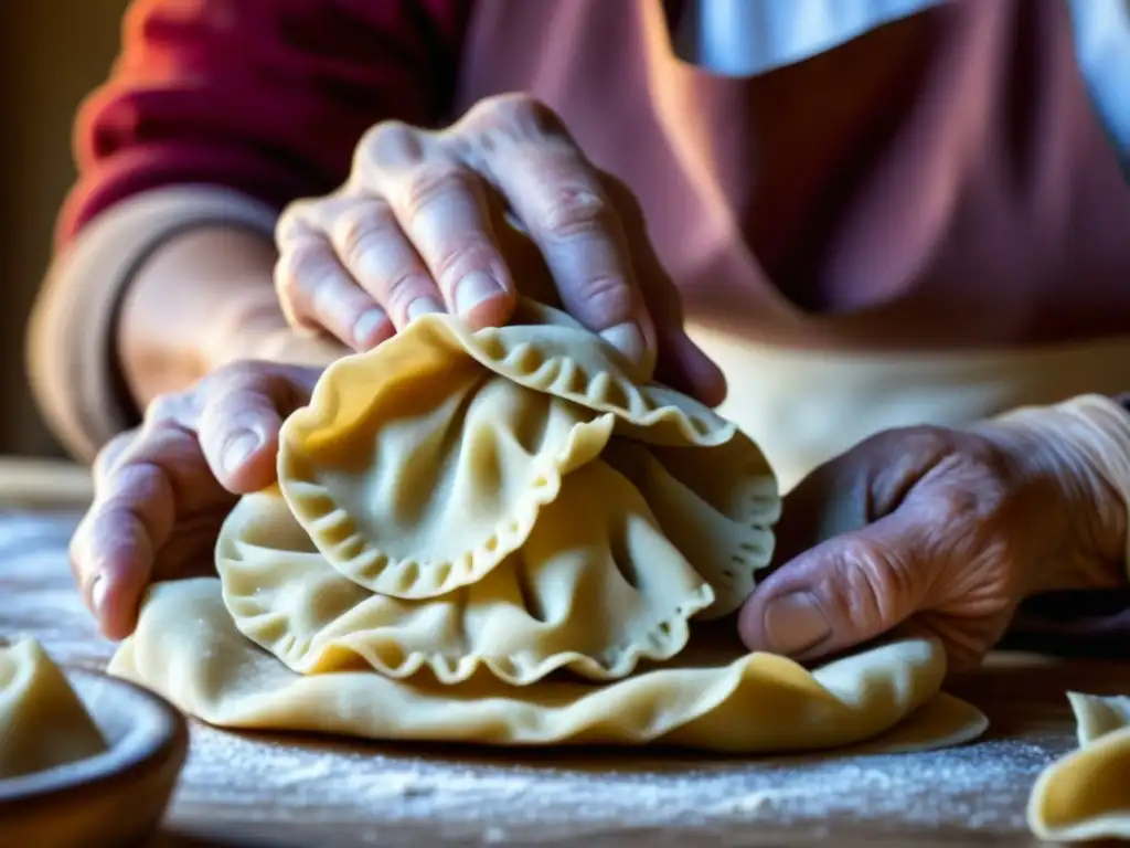 Detalles de manos expertas moldeando masa de pierogi, evocando tradición y recetas históricas Europa del Este