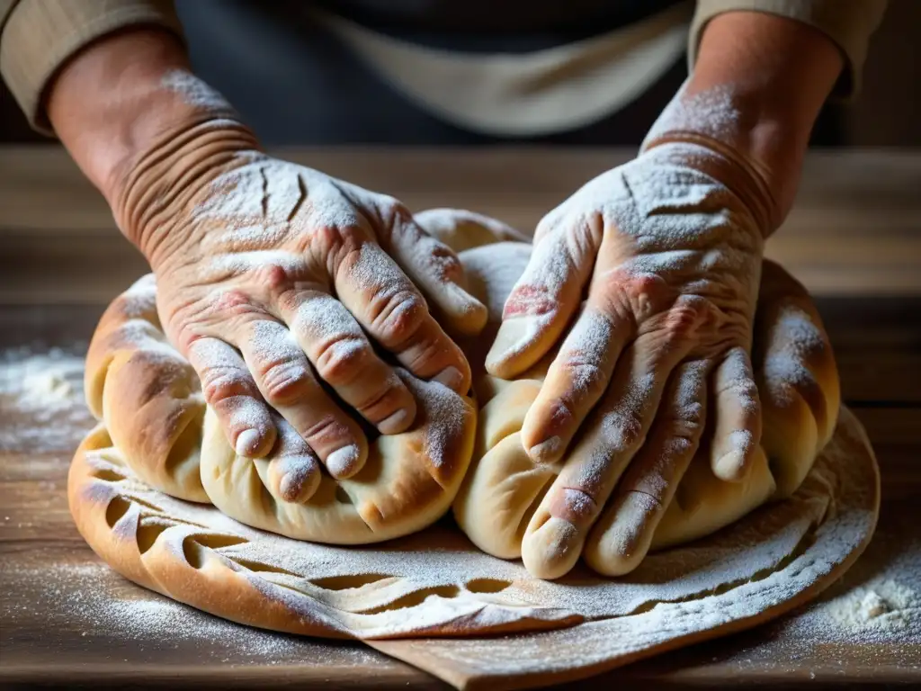 Detalles de manos amasando masa sobre madera, evocando recetas de pan durante la Guerra Fría en Europa