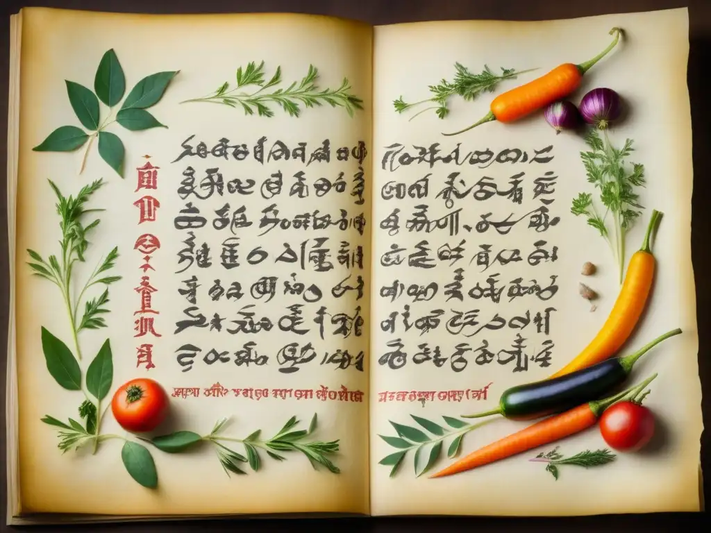 Detalles del manuscrito antiguo de la dieta monástica vegetariana en un monasterio, con ilustraciones de vegetales y hierbas