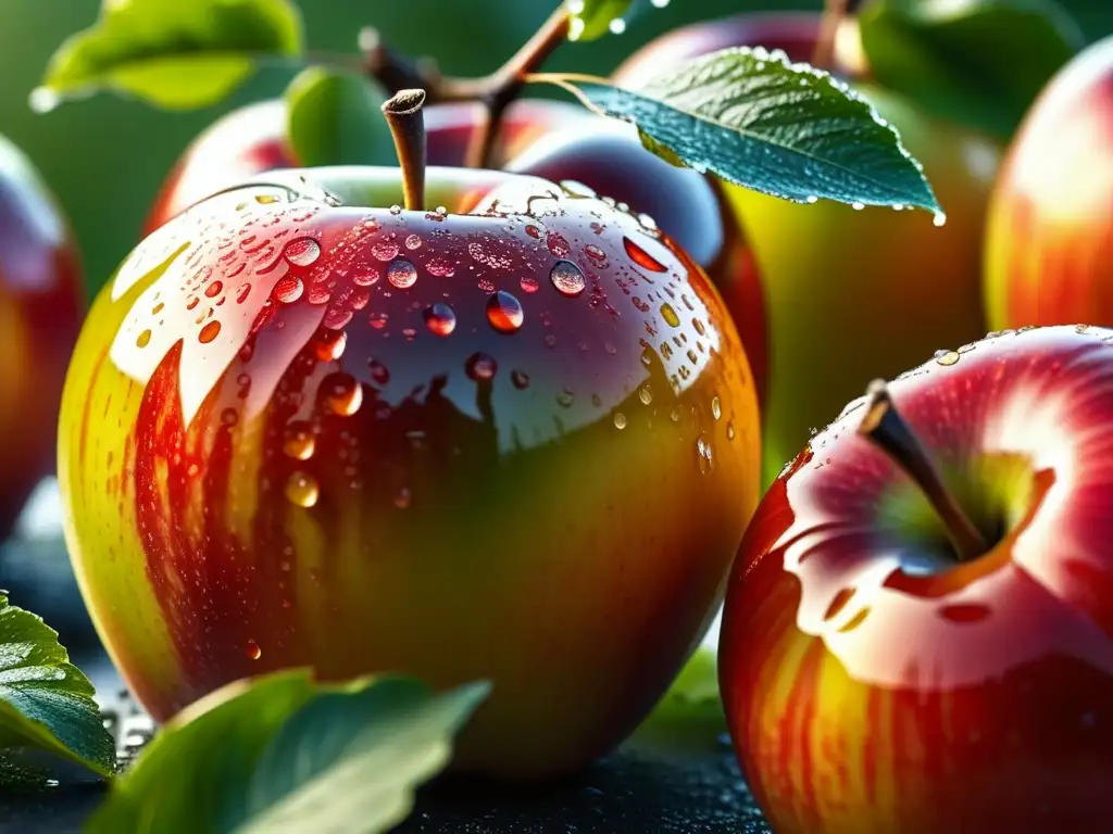 Manzanas escandinavas: frescas y vibrantes con gotas de rocío Detalles de manzanas escandinavas cubiertas de rocío, resaltando su frescura y belleza natural en la producción de sidra escandinava historia