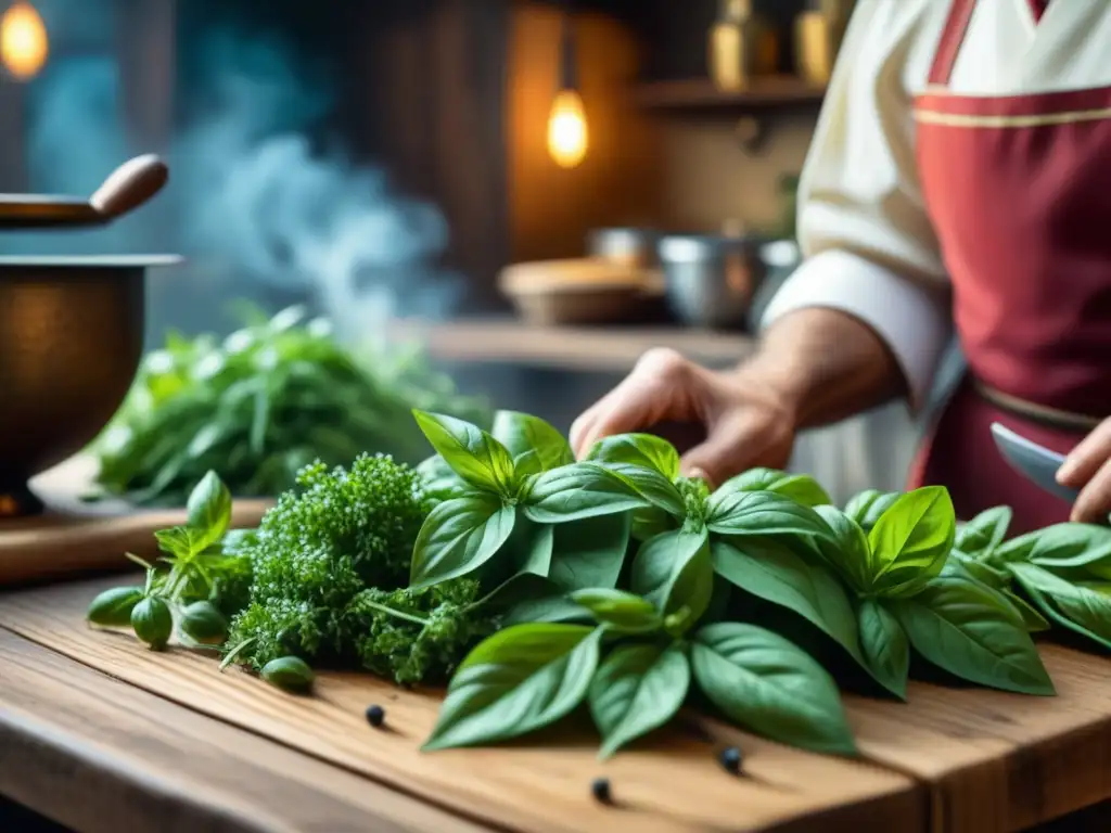 Detalles medievales: Hierbas frescas como albahaca y orégano en mesa de madera rústica