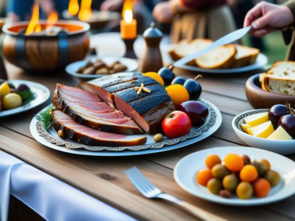 Detalles de una mesa festiva vikinga con platos tradicionales y decoraciones, resaltando la autenticidad de los Platos vikingos en festivales