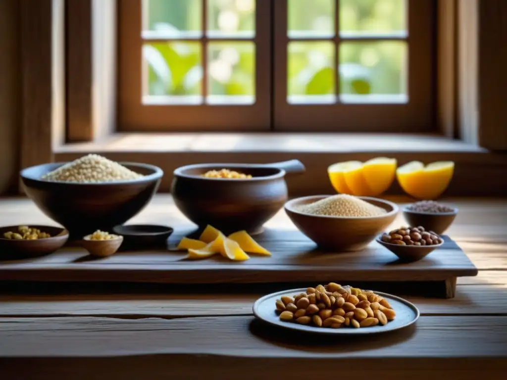 Detalles de mesa rústica con ingredientes medievales en bowls y cestas de barro, destacando la influencia hambrunas cocina medieval