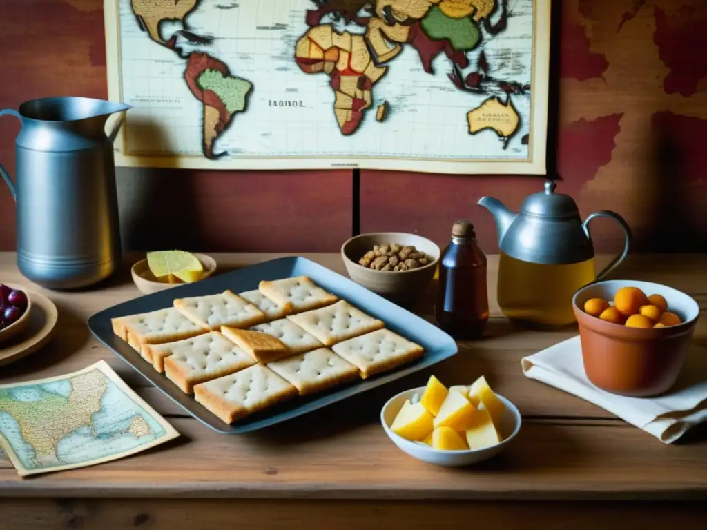 Detalles de mesa rústica con mapa antiguo y alimentos históricos, evocando la dieta de exploradores y conquistadores en la historia