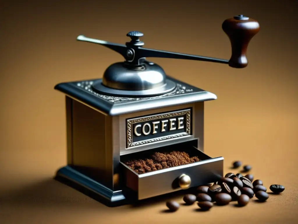 Detalles en metal de un antiguo molinillo de café manual, evocando la historia y evolución tecnológica de estos artefactos