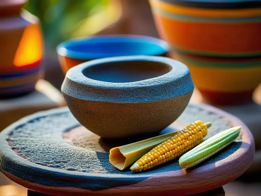 Detalles de un metate y mano tradicionales usados para moler maíz, junto a utensilios de cocina prehispánica en Mesoamérica