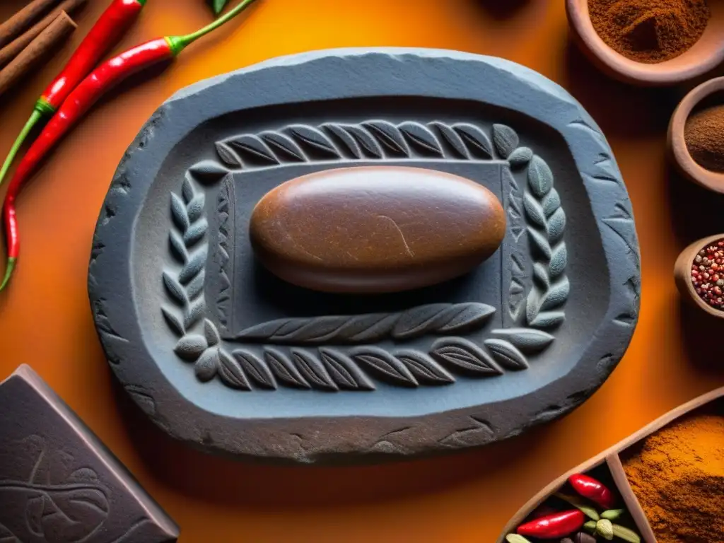 Detalles de metate precolombino para moler chocolate rodeado de cacao, especias y chocolate oscuro