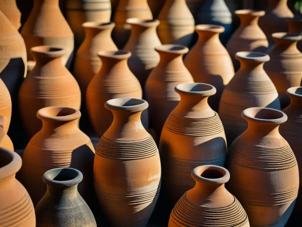 Detalles milenarios de ánforas terracota para vinos, resaltando técnicas milenarias producción vinos licores