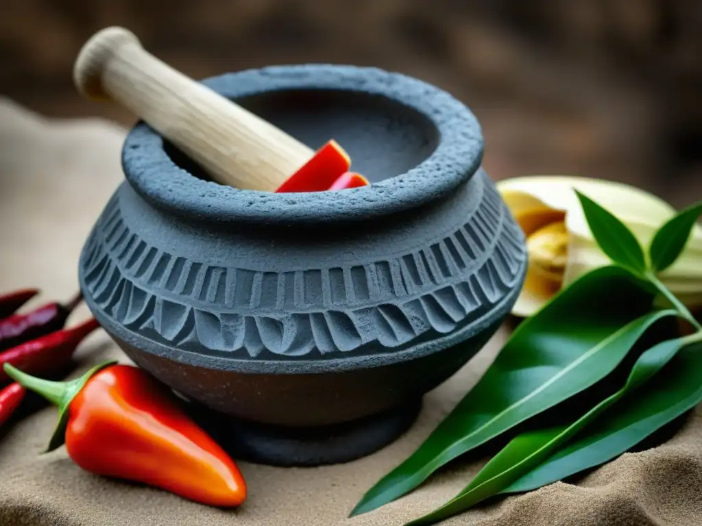 Detalles de un molcajete tradicional: historia en piedra volcánica Detalles de un molcajete tradicional: historia y textura de la Salsa Hispanoamericana