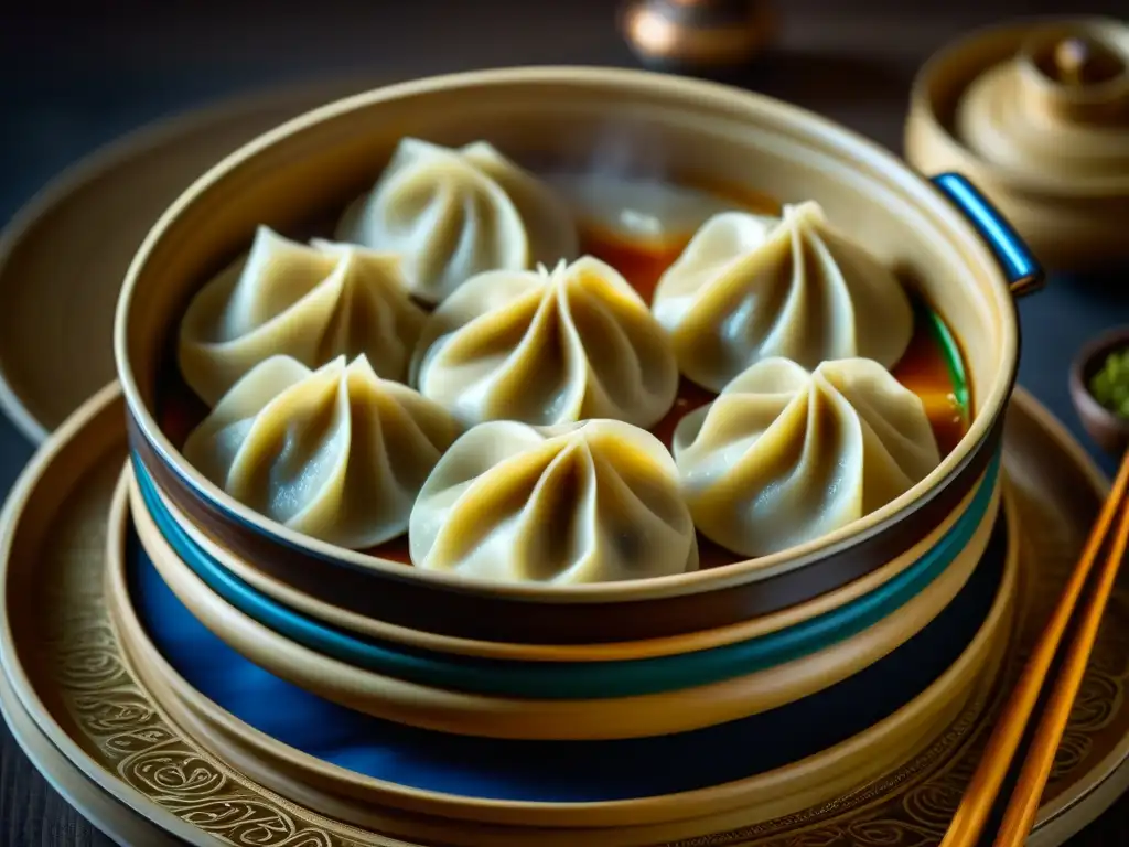 Detalles de los Buuz mongoles: dumplings rellenos de carne y cebolla, con vapor