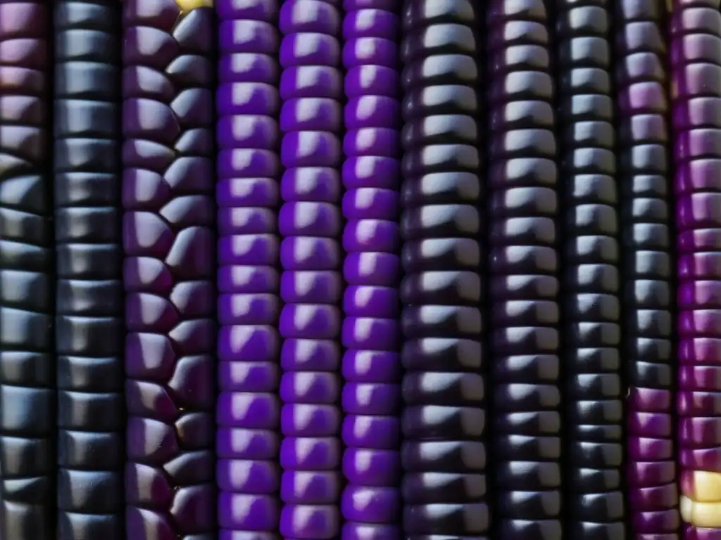 Detalles de maíz morado en patrón Inca, simbolizando la biodiversidad, sostenibilidad y resistencia ante el cambio climático en la Cocina Inca