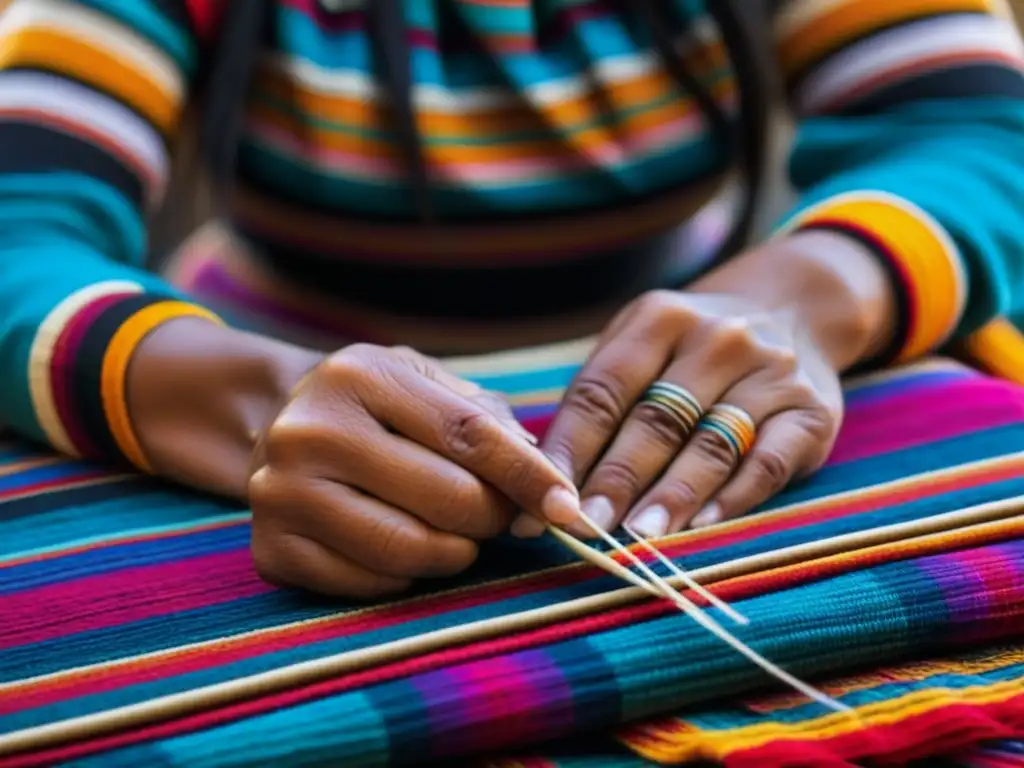 Detalles de una mujer inca tejiendo una colorida tela, destacando la destreza y arte de la producción textil en el Imperio Inca