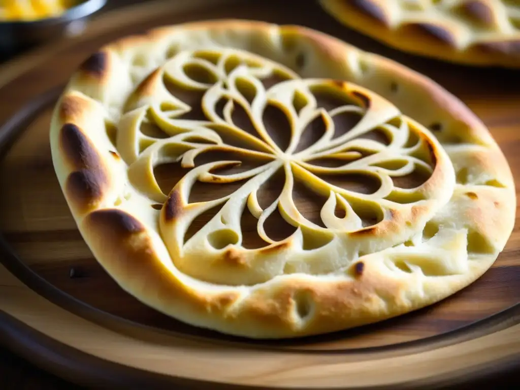 Detalles de un Naan Mughal recién horneado con patrones delicados en una tabla de madera