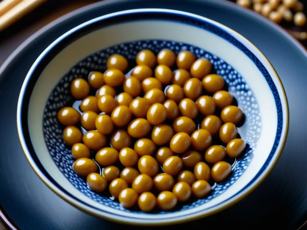 Detalles del natto japonés en un tazón de cerámica, resaltando la textura pegajosa y los beneficios del consumo de natto